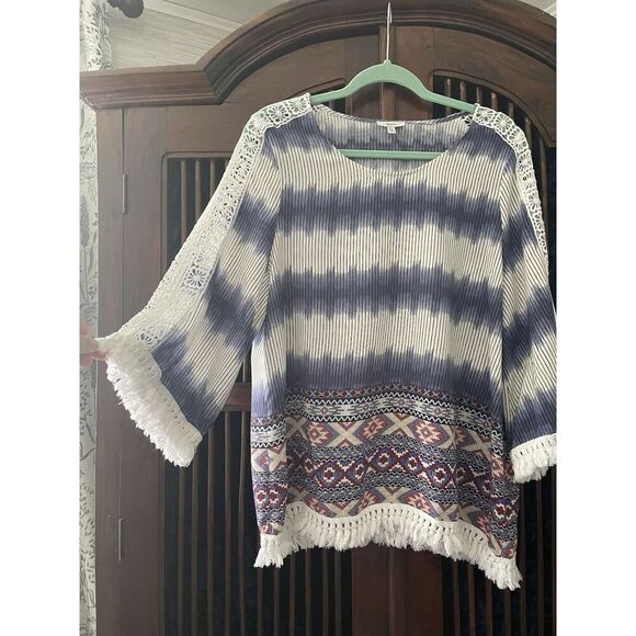 JODIFL Medium Blouse Boho Tassels Blue/White Hippy Loose Fringe Bohemian - Picture 1 of 10